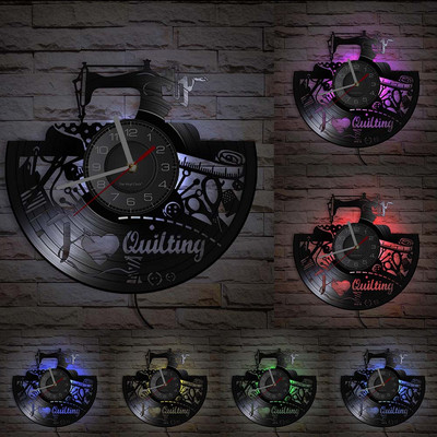 Stitch By Stitch Sewing Idézetek Fali művészet Bakelit lemez falióra Varrógép Divat Fali dekoráció Vintage foltvarrás falióra