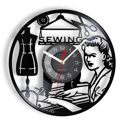 Stitch By Stitch Sewing Idézetek Fali művészet Bakelit lemez falióra Varrógép Divat Fali dekoráció Vintage foltvarrás falióra
