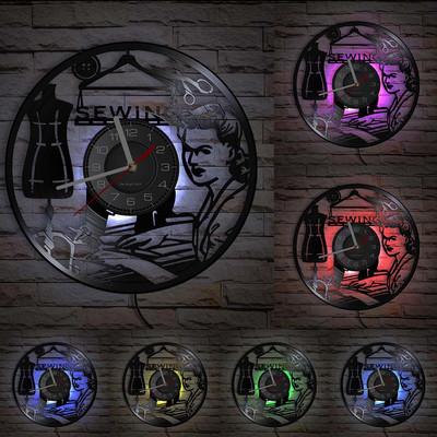 Stitch By Stitch Sewing Idézetek Fali művészet Bakelit lemez falióra Varrógép Divat Fali dekoráció Vintage foltvarrás falióra