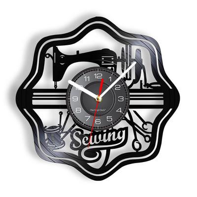 Stitch By Stitch Sewing Idézetek Fali művészet Bakelit lemez falióra Varrógép Divat Fali dekoráció Vintage foltvarrás falióra