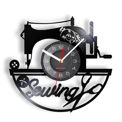 Stitch By Stitch Sewing Idézetek Fali művészet Bakelit lemez falióra Varrógép Divat Fali dekoráció Vintage foltvarrás falióra