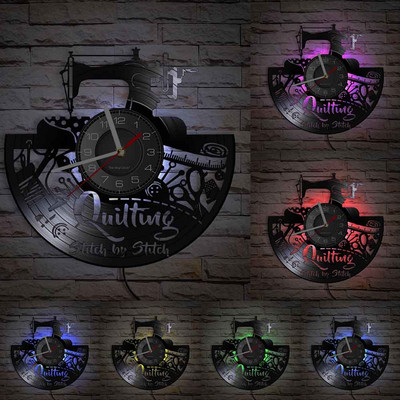 Stitch By Stitch Sewing Idézetek Fali művészet Bakelit lemez falióra Varrógép Divat Fali dekoráció Vintage foltvarrás falióra