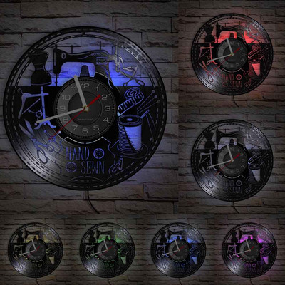 Stitch By Stitch Sewing Idézetek Fali művészet Bakelit lemez falióra Varrógép Divat Fali dekoráció Vintage foltvarrás falióra