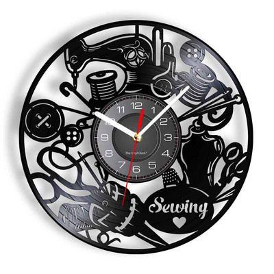 Stitch By Stitch Sewing Idézetek Fali művészet Bakelit lemez falióra Varrógép Divat Fali dekoráció Vintage foltvarrás falióra