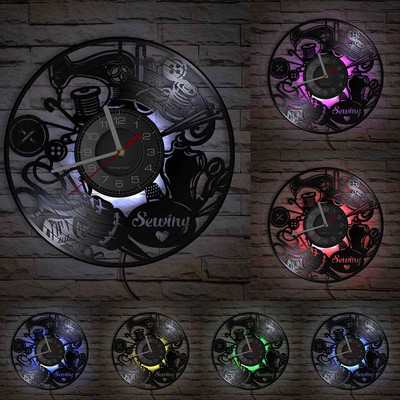 Stitch By Stitch Sewing Idézetek Fali művészet Bakelit lemez falióra Varrógép Divat Fali dekoráció Vintage foltvarrás falióra