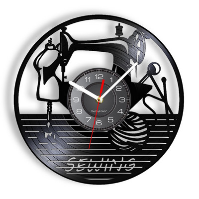 Stitch By Stitch Sewing Idézetek Fali művészet Bakelit lemez falióra Varrógép Divat Fali dekoráció Vintage foltvarrás falióra