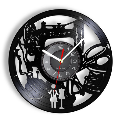 Stitch By Stitch Sewing Idézetek Fali művészet Bakelit lemez falióra Varrógép Divat Fali dekoráció Vintage foltvarrás falióra