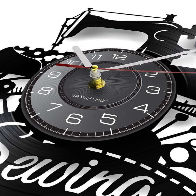 Stitch By Stitch Sewing Idézetek Fali művészet Bakelit lemez falióra Varrógép Divat Fali dekoráció Vintage foltvarrás falióra