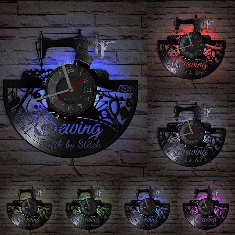 Stitch By Stitch Sewing Idézetek Fali művészet Bakelit lemez falióra Varrógép Divat Fali dekoráció Vintage foltvarrás falióra