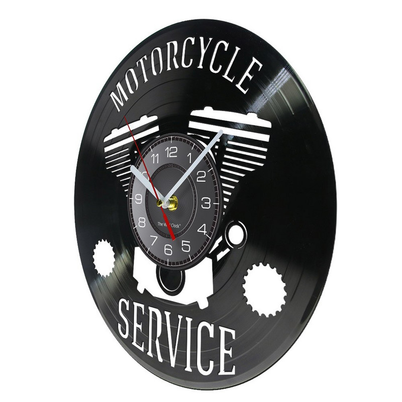Motociklų aptarnavimo verslo pakabinamų ženklų dirbtuvės Sieninis laikrodis Motociklų remontas Vinilo plokštelių laikrodis Garažo dekoratyvinis sieninis laikrodis
