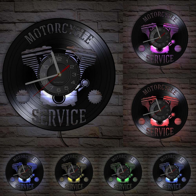Motociklų aptarnavimo verslo pakabinamų ženklų dirbtuvės Sieninis laikrodis Motociklų remontas Vinilo plokštelių laikrodis Garažo dekoratyvinis sieninis laikrodis