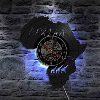 Стенен часовник с африканска винилова плоча Художествен часовник за стенен декор, уникален модерен силует на карта на Африка с LED осветление