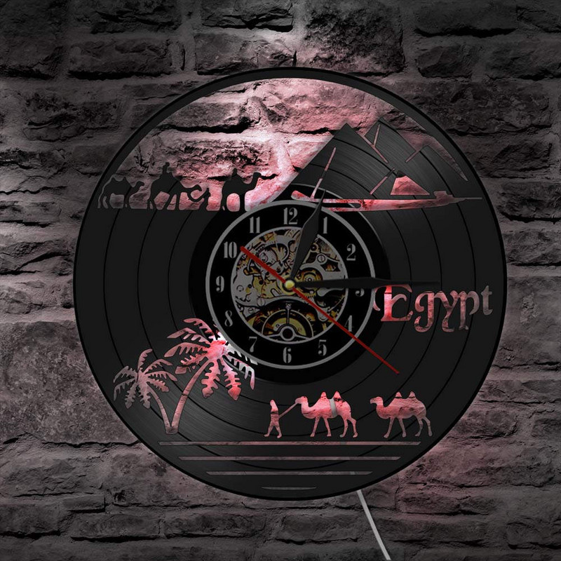 Egipto temos piramidės vintažinis vinilo plokštelių sieninis laikrodis Sacharos dykumos vaizdas kupranugaris Dekoratyvinis laikrodis Unikali Afrikos kelionės dovana