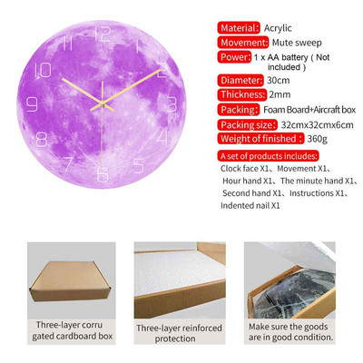 Jauns 3D gaismas liels Mēness dienasgaismas sienas pulkstenis, noņemams pulkstenis, kvarca pulksteņi, kas spīd tumsā, 30 cm liela izmēra