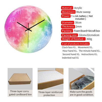 Jauns 3D gaismas liels Mēness dienasgaismas sienas pulkstenis, noņemams pulkstenis, kvarca pulksteņi, kas spīd tumsā, 30 cm liela izmēra