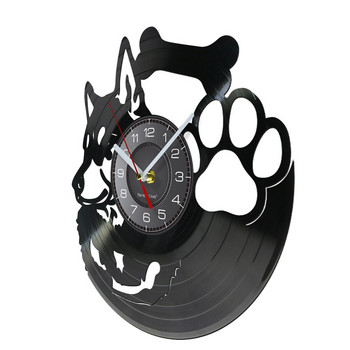 Сибирско хъски Винилова плоча Стенен часовник Безшумен, нетиктакащ Кучешка лапа Зоомагазин Винтидж Арт Декор Куче порода Хъски Идея за подарък за собственик на куче