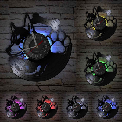 Szibériai husky bakelit lemez falióra csendes, nem ketyegő kutyamancs kisállatbolt Vintage Art Decor kutyafajta Husky kutyatulajdonos ajándékötlet