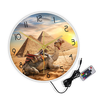 Сахара Животни Залез Пустиня Камила Стенен часовник Египет Пирамиди Египетска архитектура Домашен декор Тихи часовници Африка Подарък за пътуване