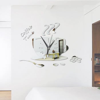Ρολόι τοίχου 3D DIY Φλιτζάνι καφέ Μοντέρνος ακρυλικός καθρέφτης Μεγάλα ρολόγια διακόσμηση σπιτιού
