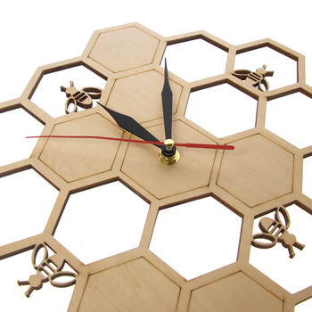 Пчели и пчелна пита Естествен дървен стенен часовник Шестоъгълна стена Art Wood Bee Honey Съвременен часовник часовник Декорация на домашен хол