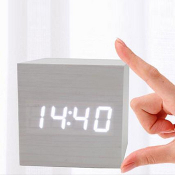 Mini Wood Sounds Control Clock Нов модерен дървен дигитален LED настолен будилник Нощно шкафче Часовник Календар Настолен декор