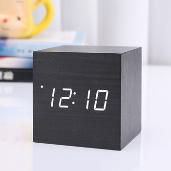 Mini Wood Sounds Control Clock Нов модерен дървен дигитален LED настолен будилник Нощно шкафче Часовник Календар Настолен декор