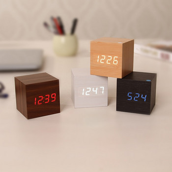 Mini Wood Sounds Control Clock Нов модерен дървен дигитален LED настолен будилник Нощно шкафче Часовник Календар Настолен декор