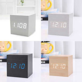 Mini Wood Sounds Control Clock Нов модерен дървен дигитален LED настолен будилник Нощно шкафче Часовник Календар Настолен декор