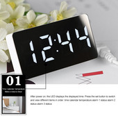 Masă cu alarmă de trezire de birou, ceas digital electronic cu reglaj regulabil, oglindă cu LED, mini amânare modernă, sunet, acasă, timp mașină, temperatură