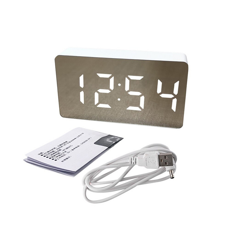 Masă cu alarmă de trezire de birou, ceas digital electronic cu reglaj regulabil, oglindă cu LED, mini amânare modernă, sunet, acasă, timp mașină, temperatură