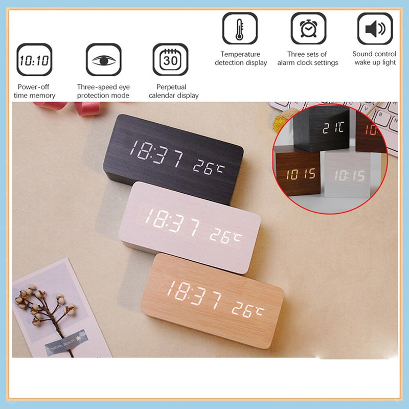 Kūrybingas išmanusis LED medinis dovanų elektroninis laikrodis šviečiantis nutildomas temperatūros dvigubas ekranas medinis žadintuvas