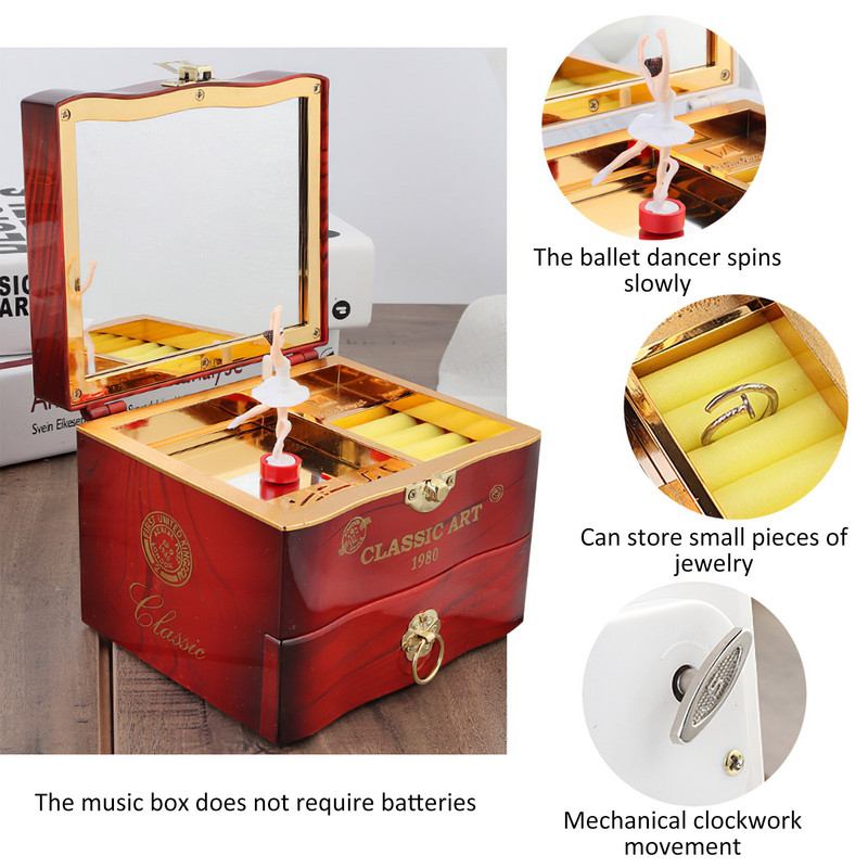 Tantsubaleriini muusikakast lapsele Retro käsitöö graveeritud puidust ehete hoidja peegliga Suurepärane kingitus sünnipäevaks