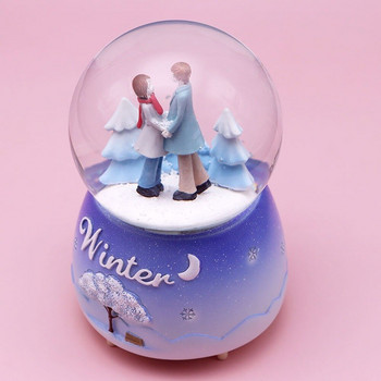 Бяла лунна двойка Кристална топка Музикална кутия Свети Валентин Декорация на дома Светещ сняг Въртящ се творчески подарък за рожден ден