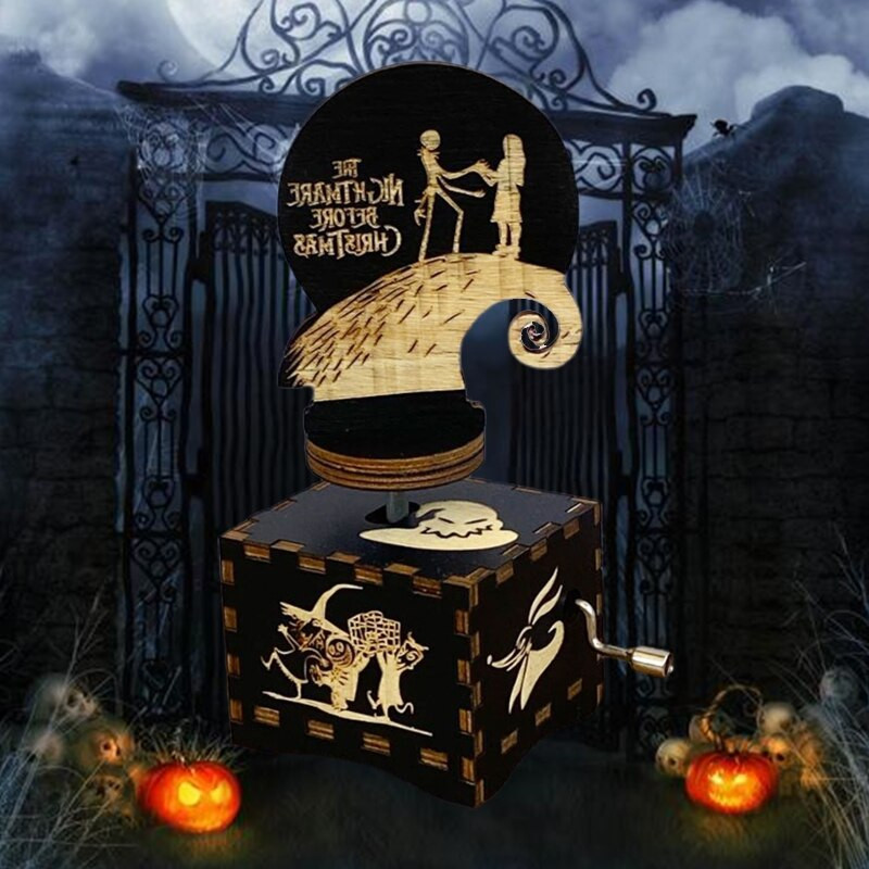 Négyzet alakú kézzel hajtott Retro fa zenedoboz Fright Night Music Nightmare díszíteni