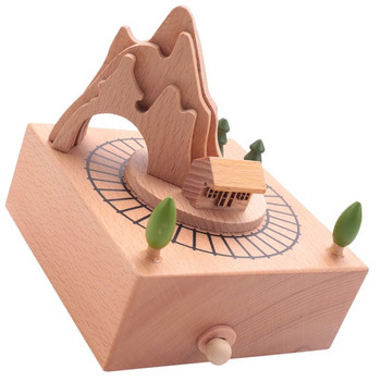 Дървена музикална кутия с планински тунел с малък движещ се магнитен влак