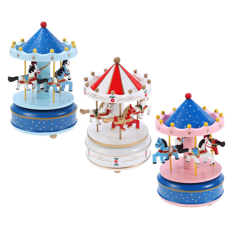 Boxcarousel Horse 3 fából készült ajándékok, Merry Go Round klasszikus óramű, musical, teljes luxus