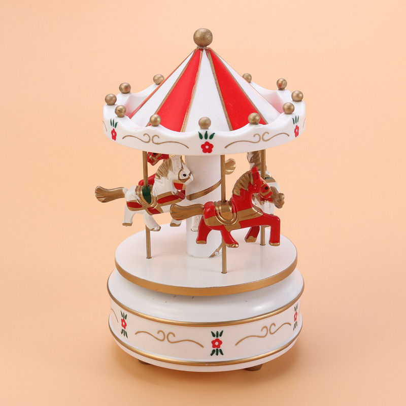 Boxcarousel Horse 3 fából készült ajándékok, Merry Go Round klasszikus óramű, musical, teljes luxus