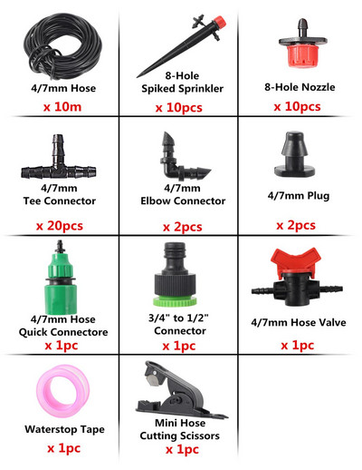 5 m ~ 25 m „pasidaryk pats“ lašelinio laistymo sistema Reguliuojama 8 skylių raudonų lašintuvų komplektas sodo augalų automatinis laistymo drėkinamasis mikropurkštukas