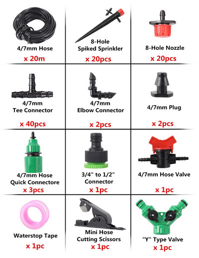 5 m ~ 25 m „pasidaryk pats“ lašelinio laistymo sistema Reguliuojama 8 skylių raudonų lašintuvų komplektas sodo augalų automatinis laistymo drėkinamasis mikropurkštukas