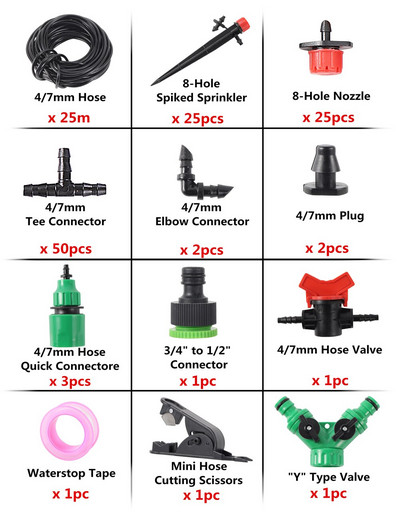 5 m ~ 25 m „pasidaryk pats“ lašelinio laistymo sistema Reguliuojama 8 skylių raudonų lašintuvų komplektas sodo augalų automatinis laistymo drėkinamasis mikropurkštukas