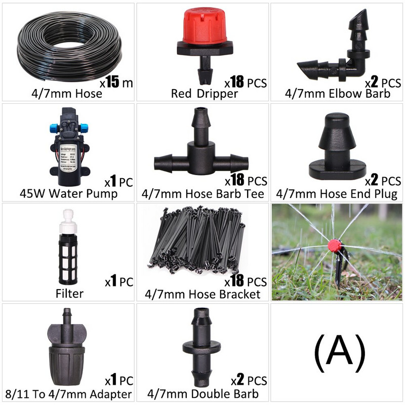 Pompa de apa 45W Kit de irigare prin picurare pentru gradina Furtun 1/4'' Dispozitiv de udare automat Plante in ghiveci Flori fara sursa de apa Spray