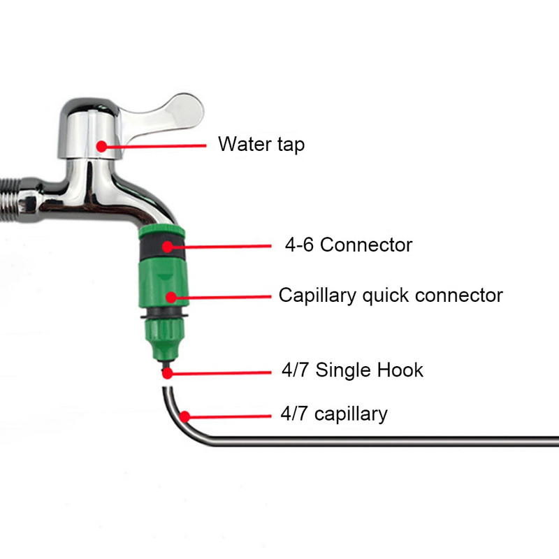 1 set sistem de irigare cu duză de ceață udare automată cu aburire portabilă 5-25 m cap de pulverizare pentru furtun de grădină cu teu de 4/7 mm și conector