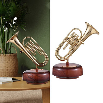 Музикална кутия за тромпет Класическа навиваща се въртяща се музикална кутия Въртяща се основа Месингов духов инструмент Миниатюрен подарък за изкуство