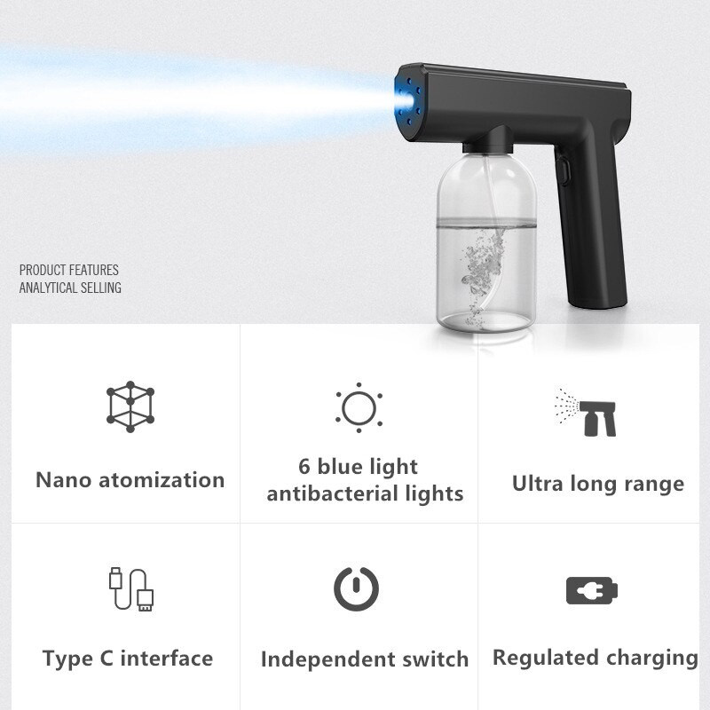 Sterilizator portabil nano electric de 300 ml, pulverizatoare, atomizare, dezinfecție, mașină de ceață, pistol de pulverizare cu lumină albastră reîncărcabilă prin USB