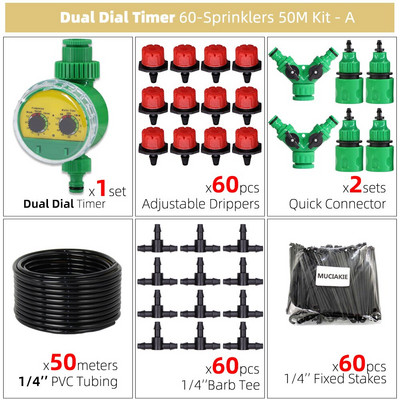 Sistem de udare cu temporizator automat de grădină de 50 m, kit de irigare prin picurare cu furtun de 4/7 mm, set de aspersoare reglabile pentru seră