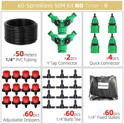 Sistem de udare cu temporizator automat de grădină de 50 m, kit de irigare prin picurare cu furtun de 4/7 mm, set de aspersoare reglabile pentru seră