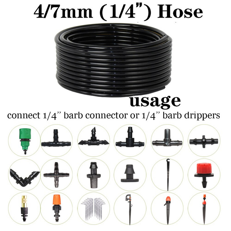 10-100m 4/7mm PVC tömlő 1/4'' kerti öntözőcső üvegházi növény virágos öntöző mikro csepegtető cső csapcsatlakozóval