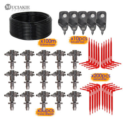 MUCIAKIE 100M 1/4`` Barb x 1/8`` 4-Way Red Arrow Drippers Kits Πότισμα Micro Drip Irigation Emitter for Bonsai Potted Plants