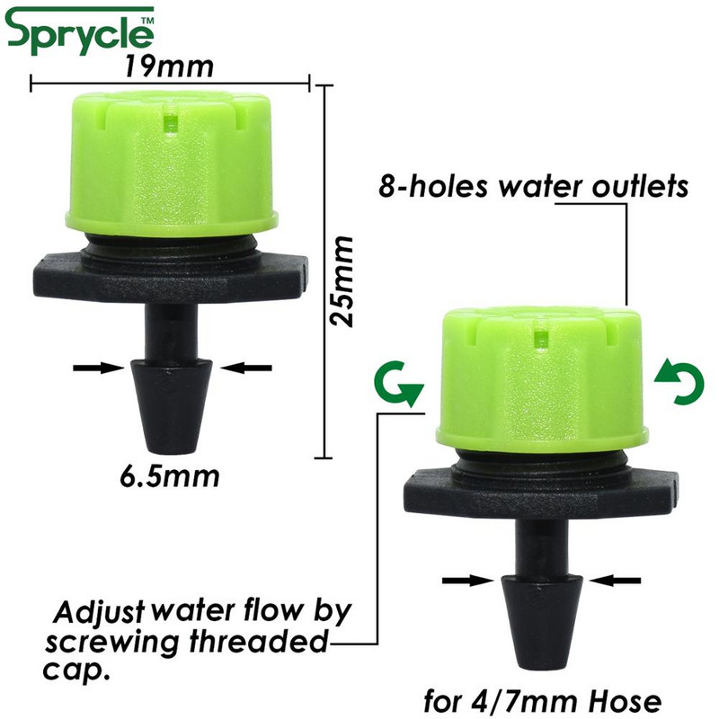 SPRYCLE 50 DB 4/7 mm-es tüskés pólócsatlakozó és állítható csepegtető mikro csepegtető öntözési emitter 1/4 hüvelykes tömlős kerti üvegházhoz