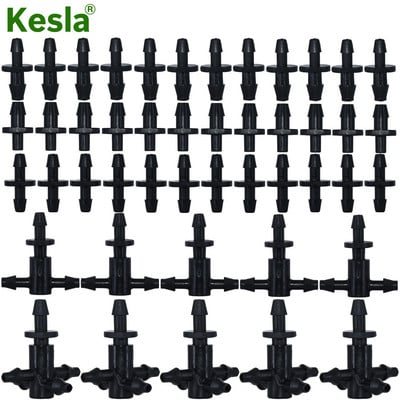 KESLA 50PCS 3/5mm Εύκαμπτος σωλήνας Αγκαθωτός σύνδεσμος Γρήγορης σύνδεσης Σύζευξη στάγδην άρδευσης με 2-Way, 4-Way Hose Splitter Joint Garden System Potering